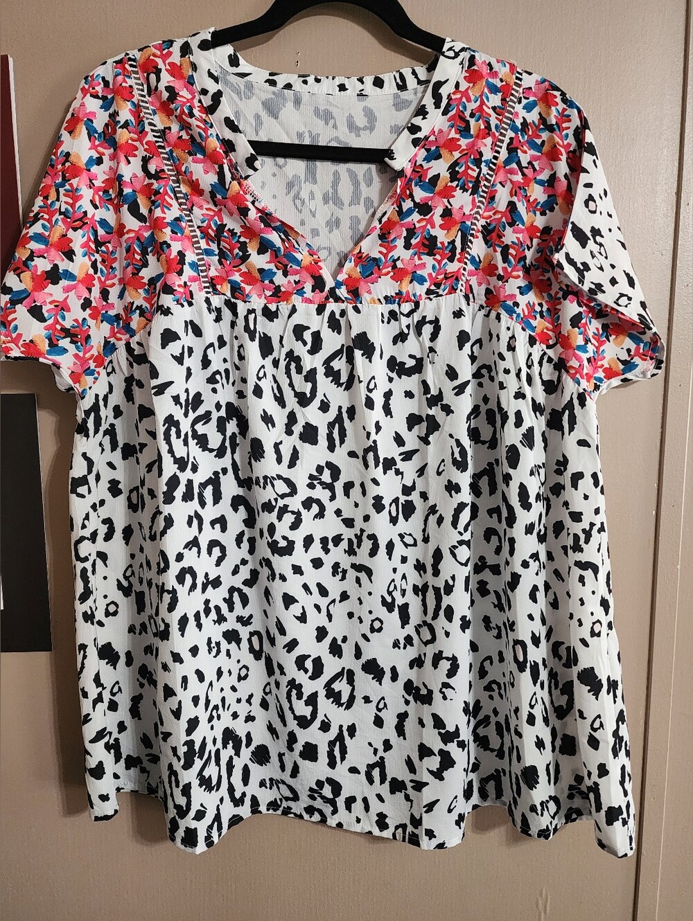 Boho Leopard Print Babydoll Blouse Top‎ | Mixed Print Tunic | L